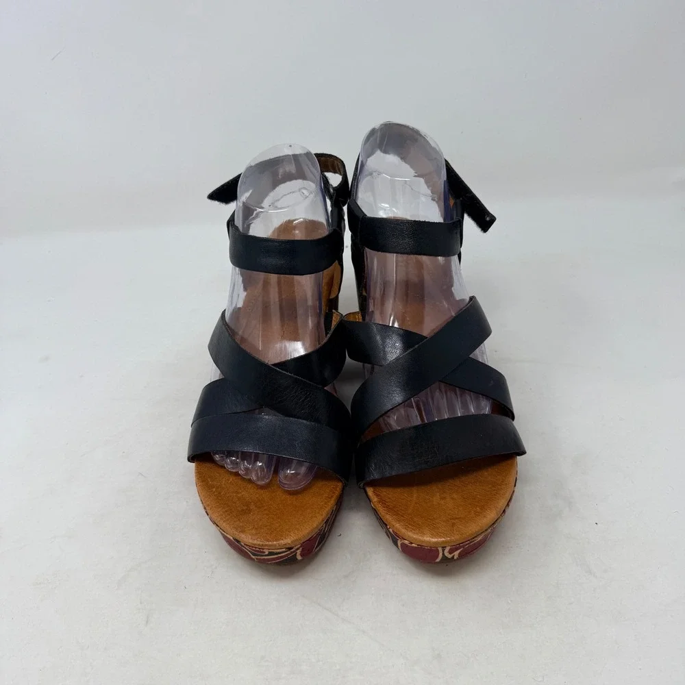 Naya Nalani Wedge Sandals Black 9.5M Floral Cork Strappy Leather Boho Summer